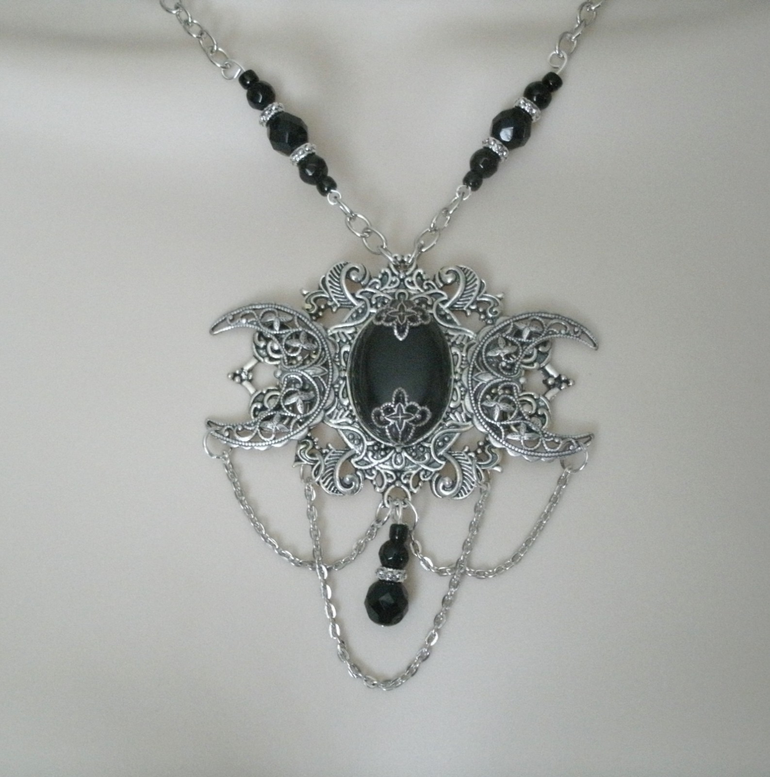 Black Onyx Crescent Moon Gothic Victorian Medieval Renaissance Goth Necklace