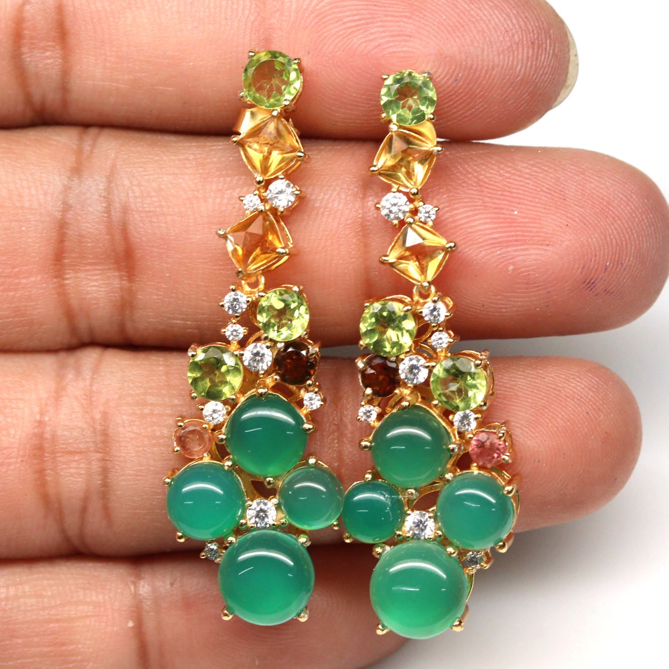 925 Silver Green Agate, Peridot, Citrine, Tournaline & Cubic Zirconia Earrings