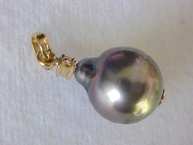 11.5MM X 13.5MM GENUINE TAHITIAN PEARL & DIAMOND PENDANT SOLID 18K YELLOW GOLD