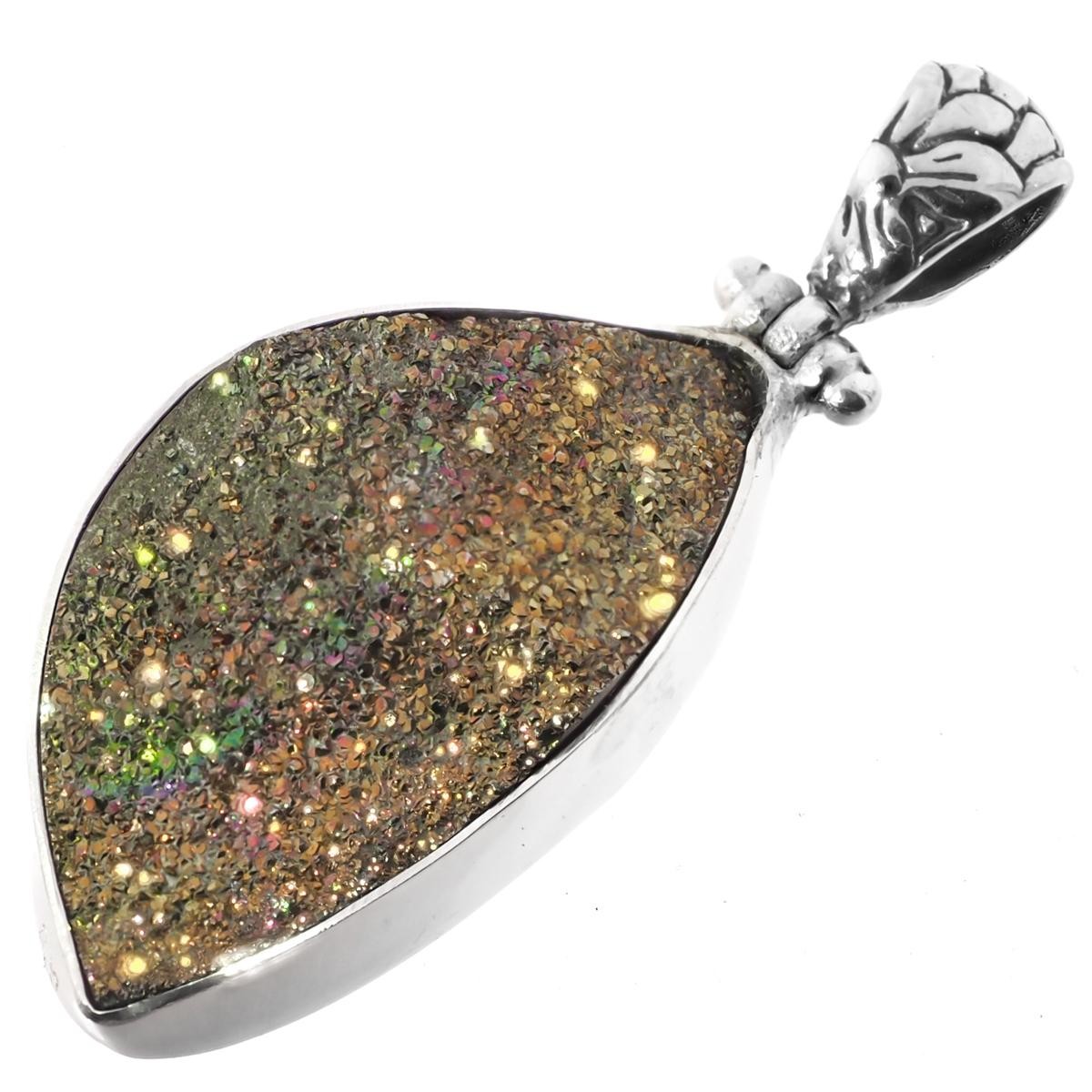 925 Silver Freeform Russian Pyrite Druzy Drusy Sterling Pendant, 1 1/4″