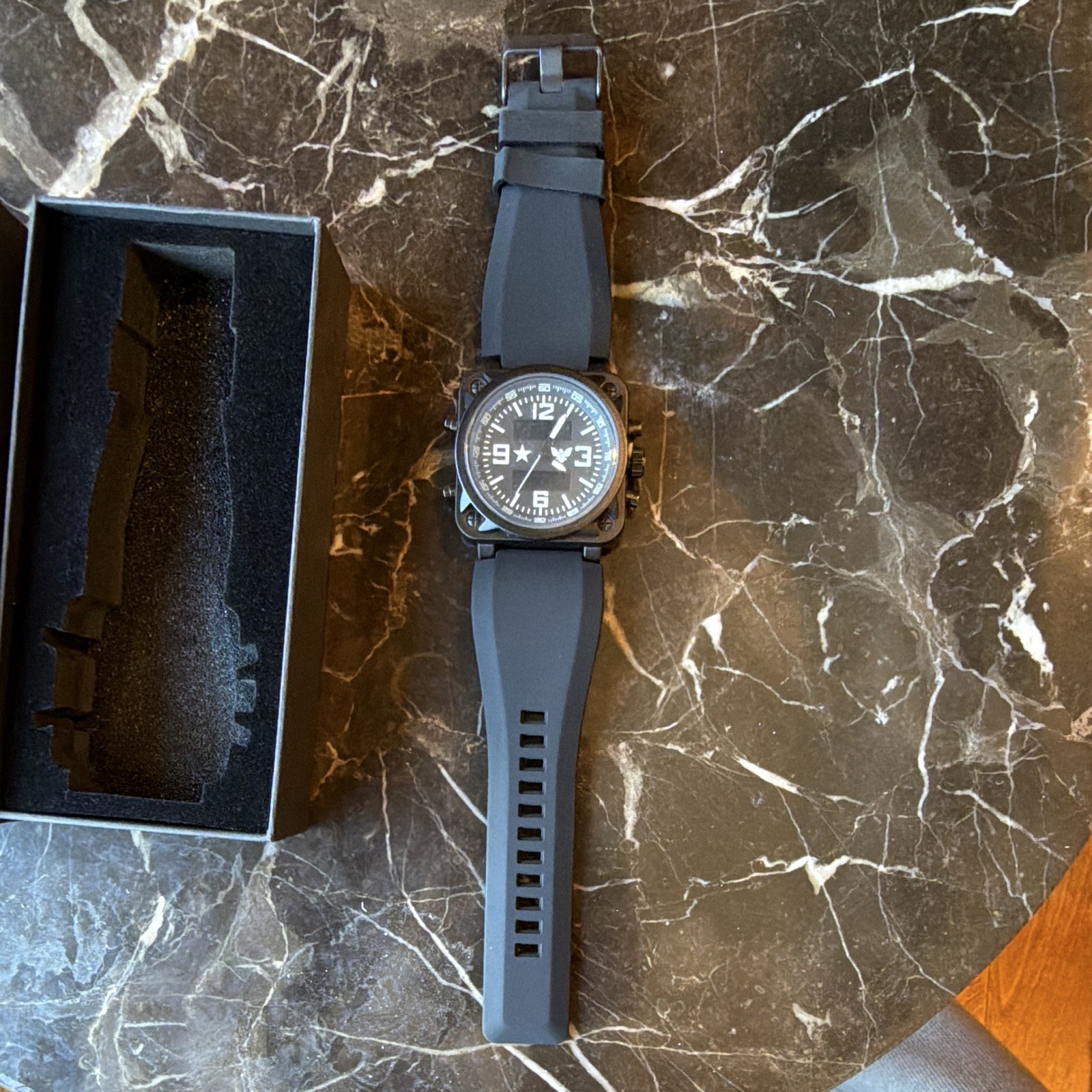 TACT LINE Tactline Analog/Digital Quartz SS Square Black Strap w/ Box
