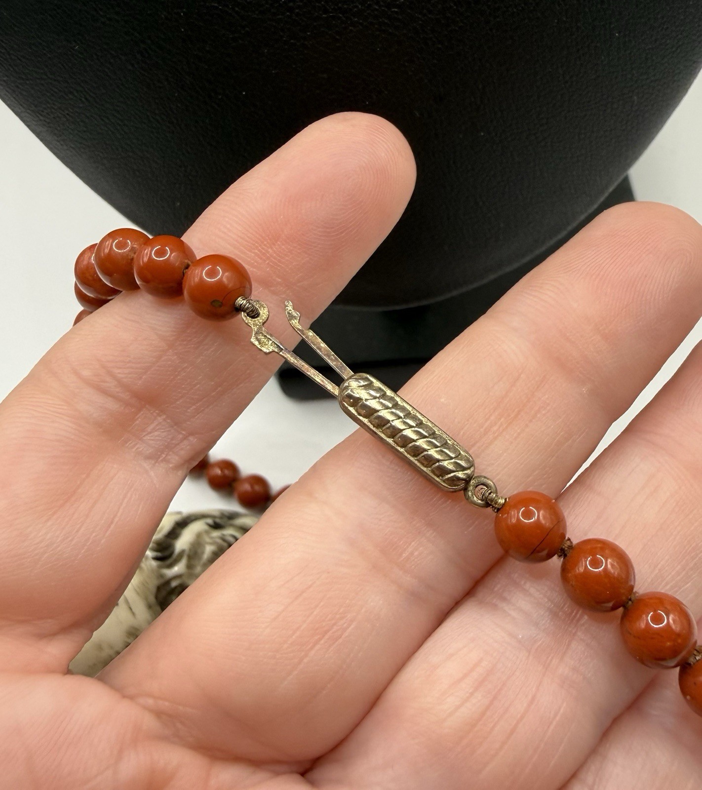 JKa Signed Jasper Necklace With Carved Tiger Netsuke Pendant Vintage Sterling