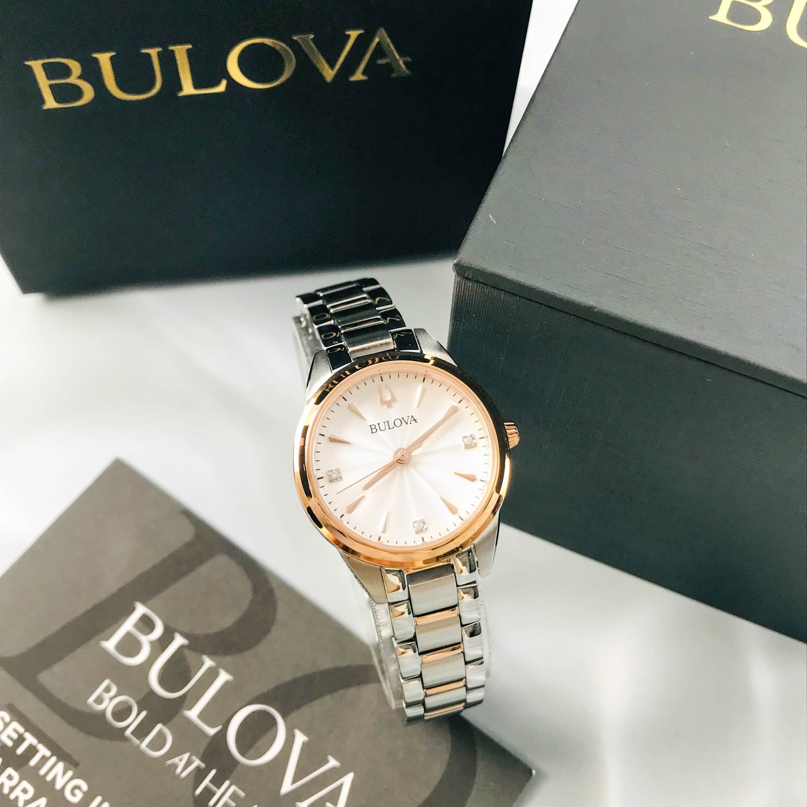 Bulova Sutton 98P200 Ladies White Dial Diamonds Quartz Gold/Steel Watch 28mm