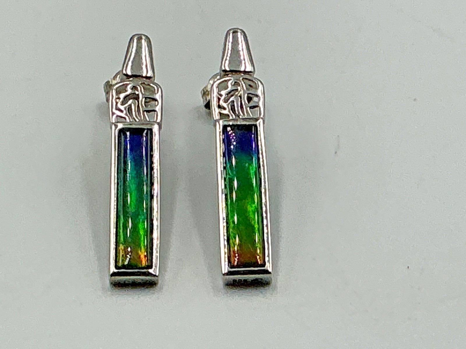Multi-colour 3x1cm Korite Brand Ammolite set in Silver Earring with post backing