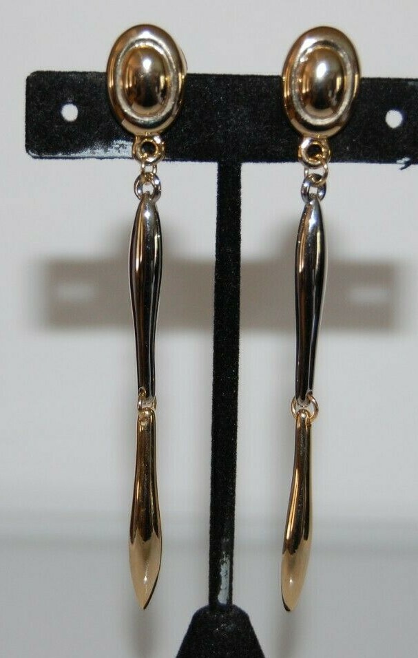 Elegant Vtg 80 Couture Silver & Gold Toned Metal Modern Style Drop Post Earrings