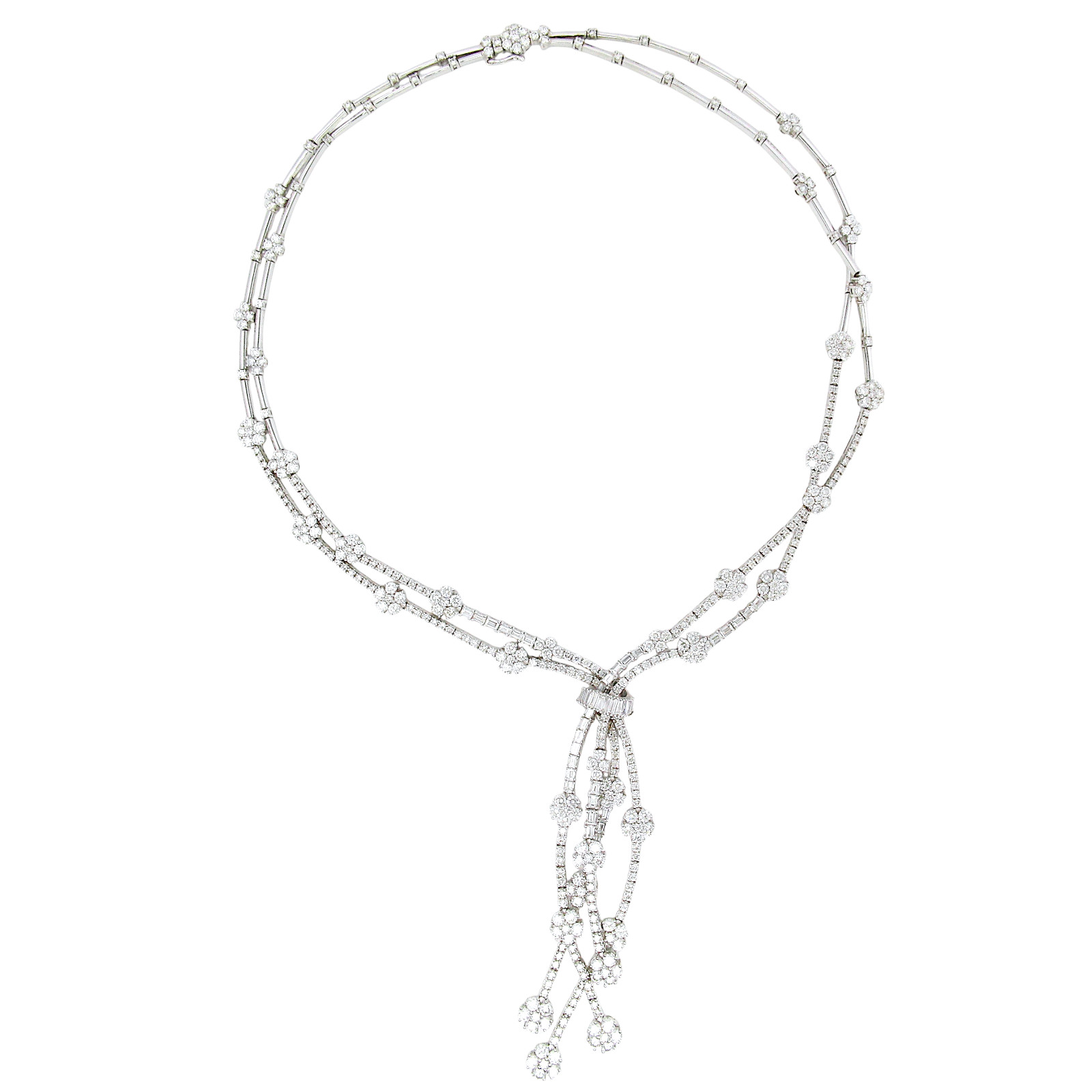 20.00 CT Diamond Two Row Floral Line Drop Necklace 18K White Gold Natural