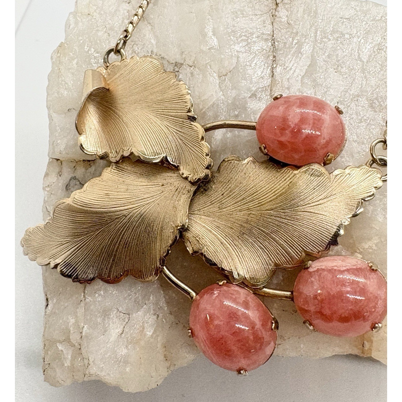 Vintage JJJ Gold-Filled Pink Rhodochrosite Gemstone Leaf Necklace Mid Century