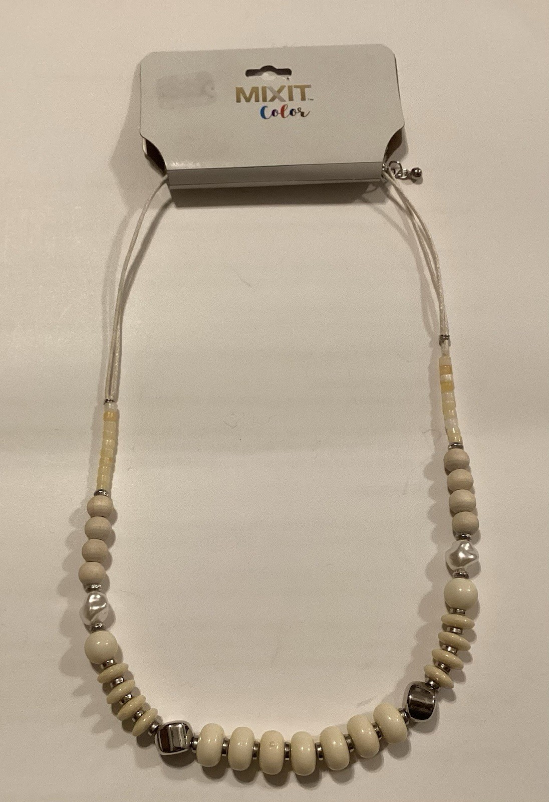 Bone Colored And Silver Beaded Necklace Mixit Color