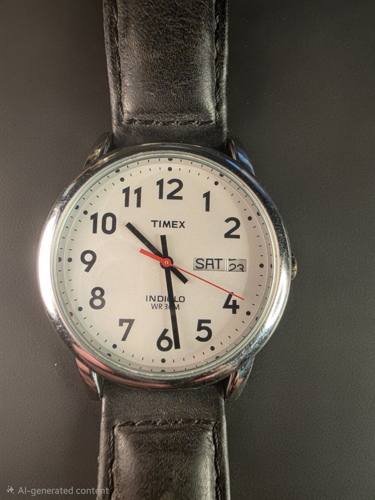 Timex Indiglo Quartz Indiglo Day/Date 30m White Dial Black Leather Strap 34mm