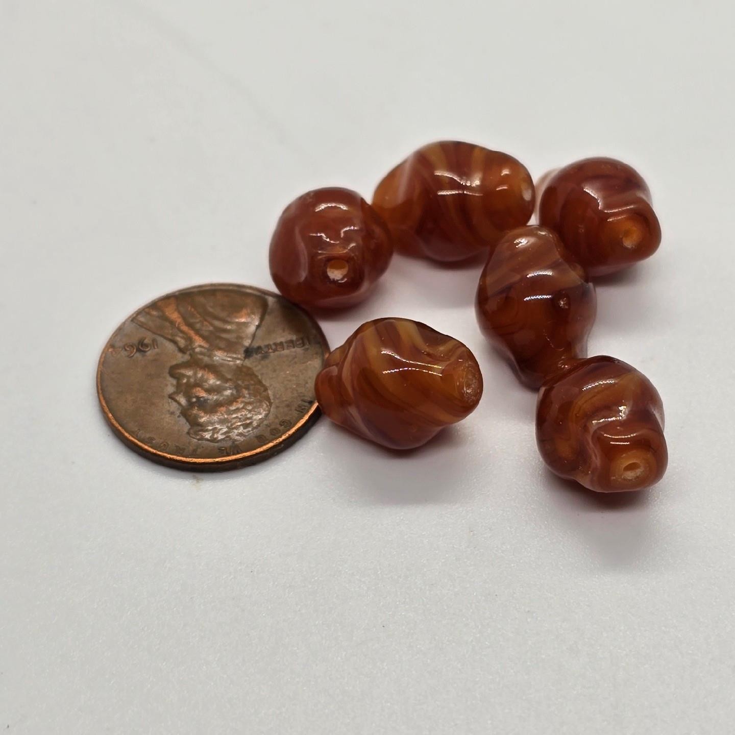 6 Vintage Handmade Lampwork Glass Beads Swirl Caramel Amber Brown Artisan