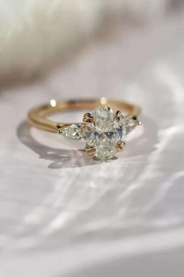 12x8MM Oval Cut 14K Yellow Gold Plated Moissanite Three Stone Engagement Ring