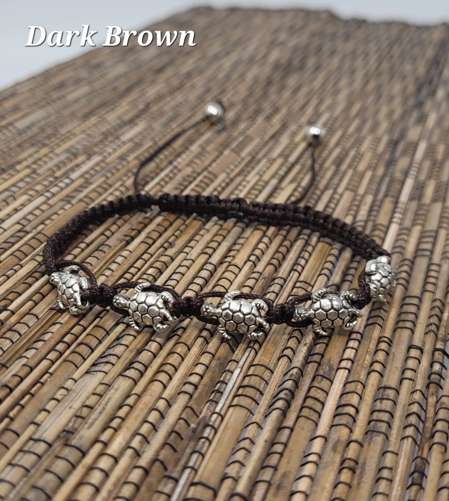 Turtle Bracelet – Adjustable Macrame Bracelet with 5 Silver Tone Turtles