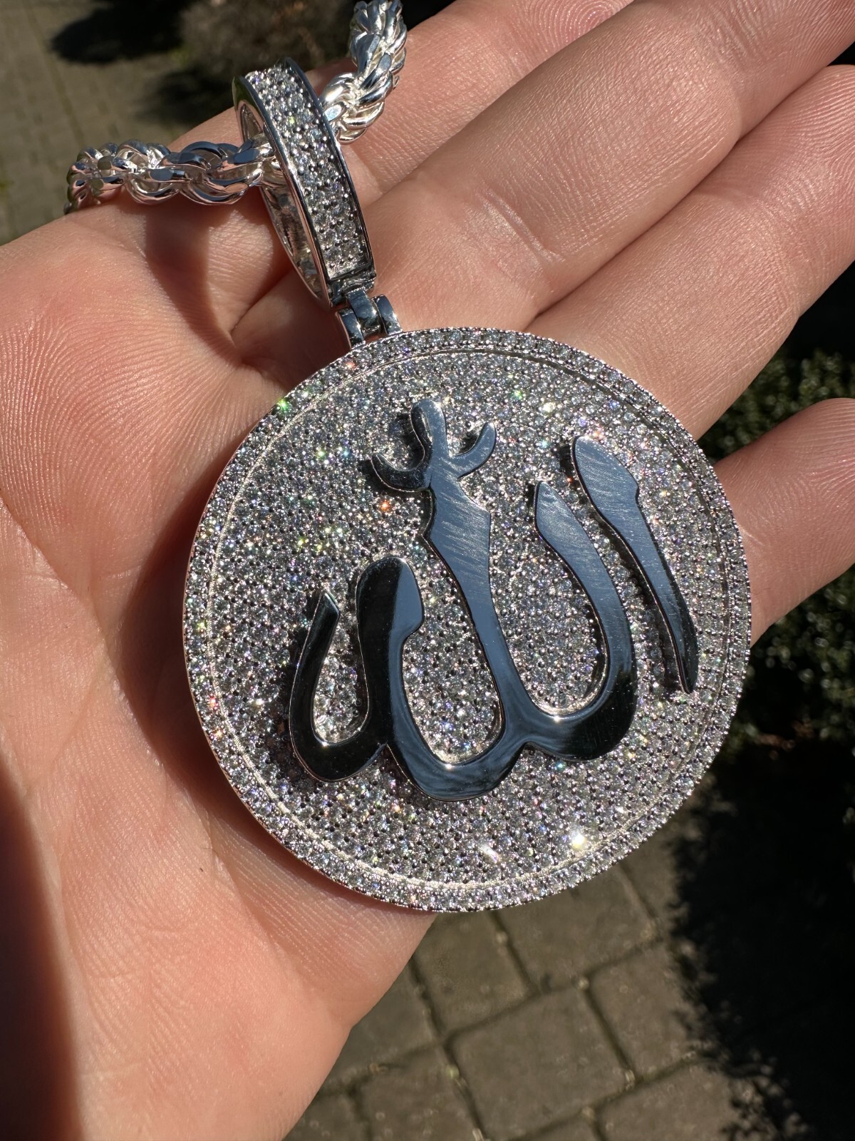 MOISSANITE Real 925 Silver / Gold Allah Medallion Arabic Necklace Pendant Iced