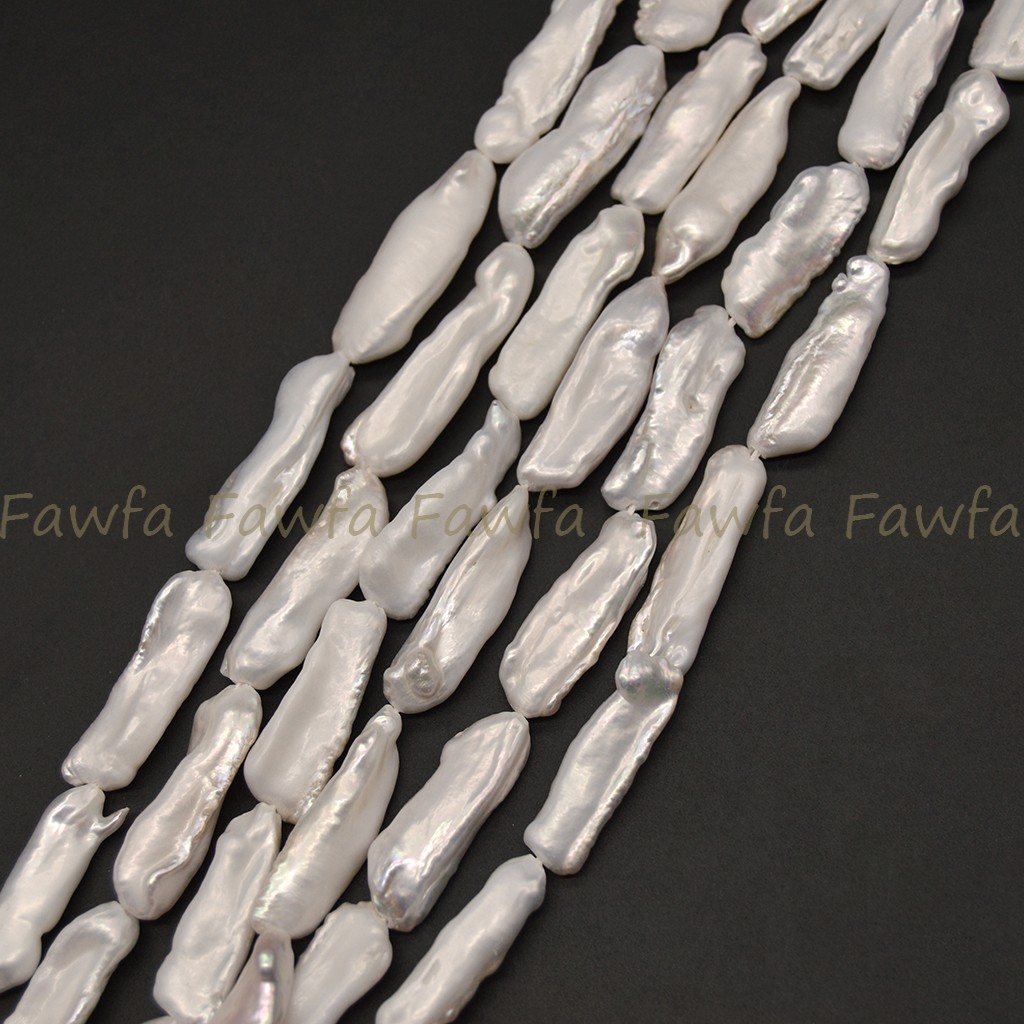 25-30mm Natural White Unique Biwa Long Baroque Freshwater Pearl Loose Beads 15”
