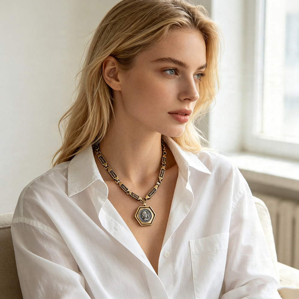 Two-Tone Gold Silver Hex Coin Pendant Set Vintage Chunky Link Necklace Bracelet