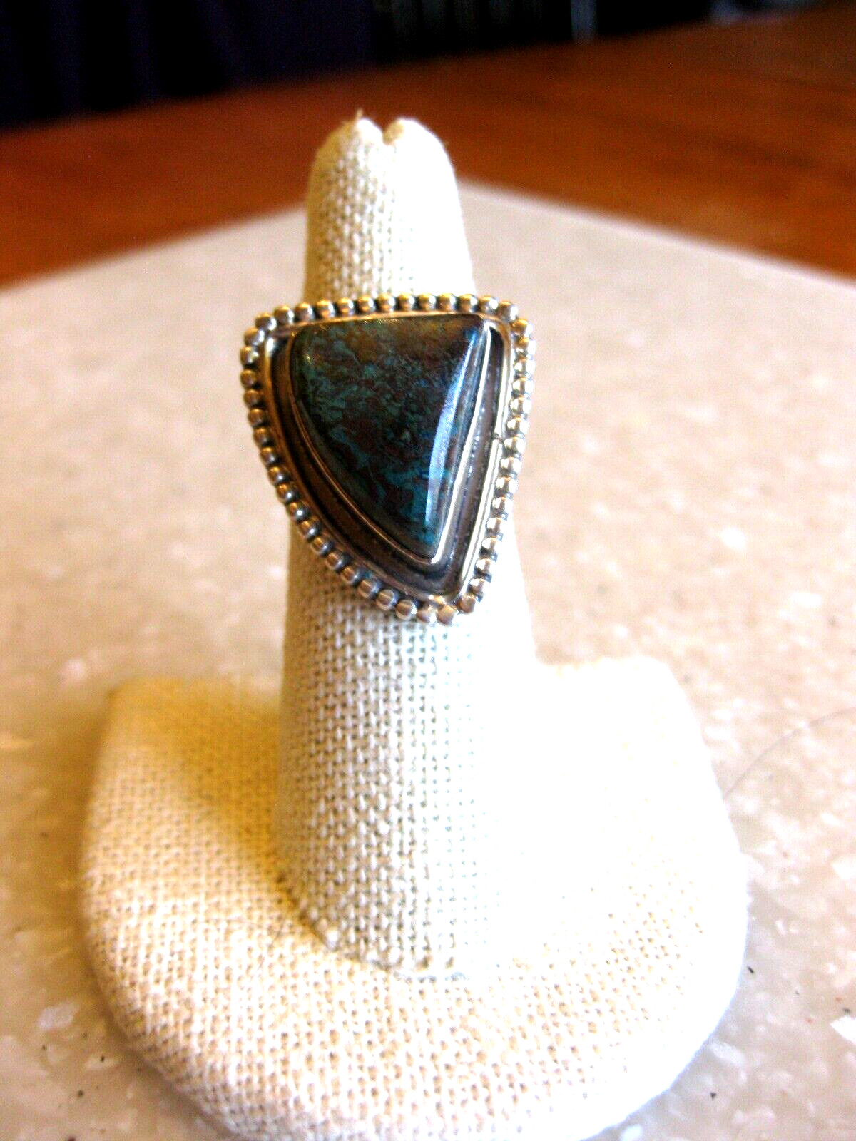 Sterling Ring w/ Natural Stone, Turquoise? Edged w/ Row of Tiny Balls / 6 3/4