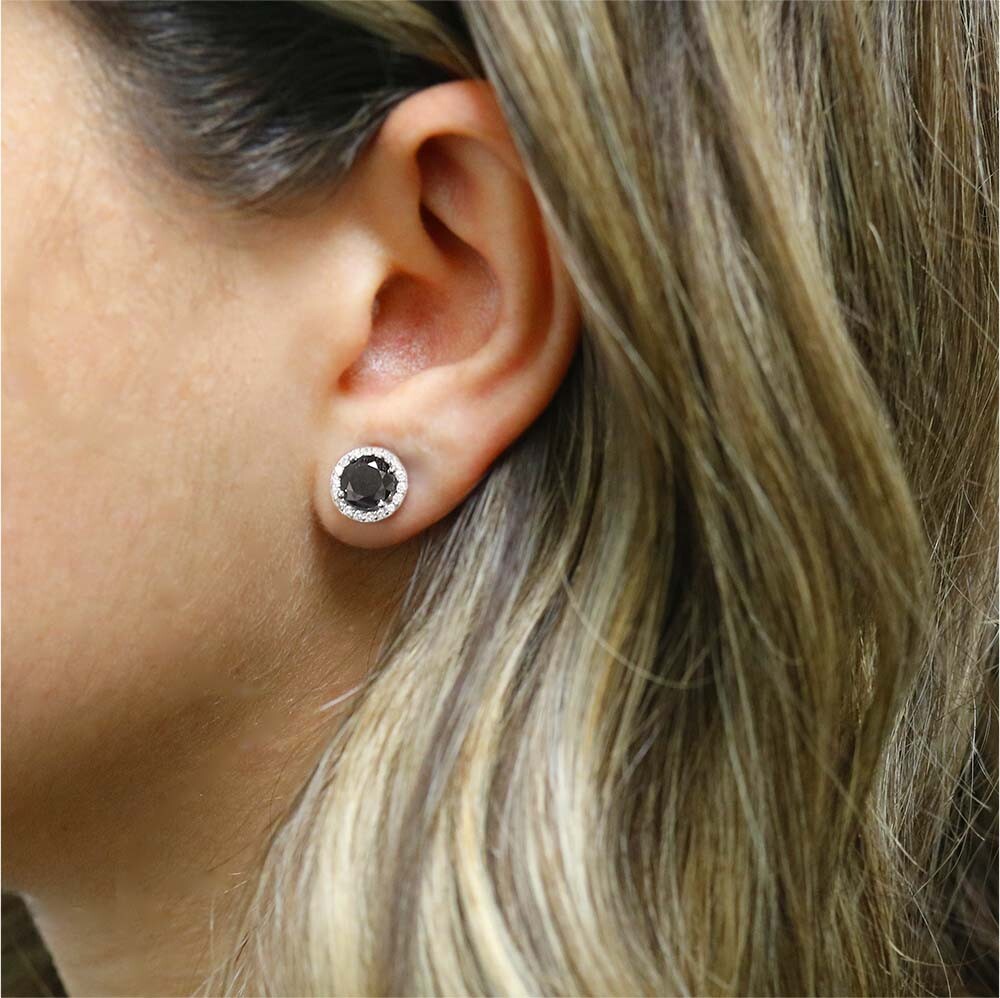 Women’s 925 Sterling Silver Black Round Cubic Zirconia HALO Studs Earrings 8mm