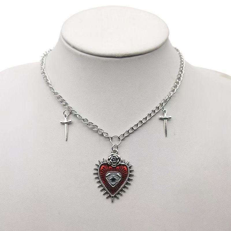 Vintage Gothic Heart Necklace, Punk Devil Eye Sword Pattern Pendant Necklace