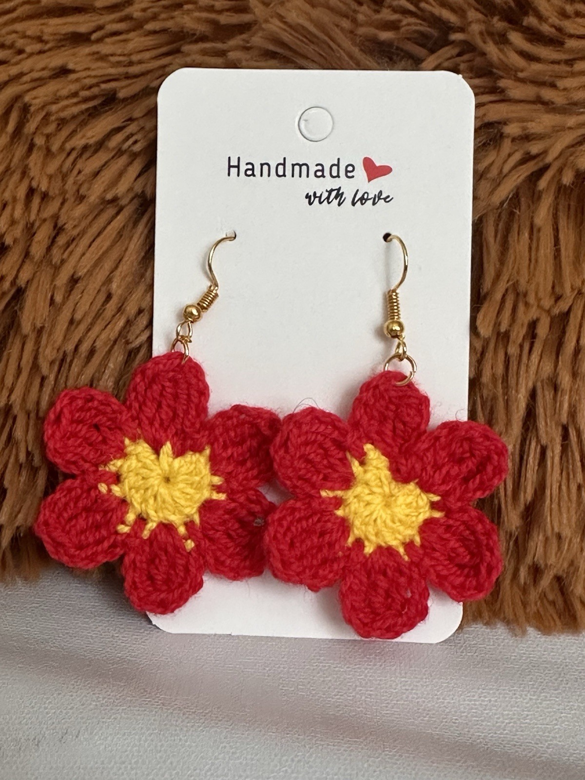 Handmade Crochet Flower Earrings – Red & Yellow Bloom