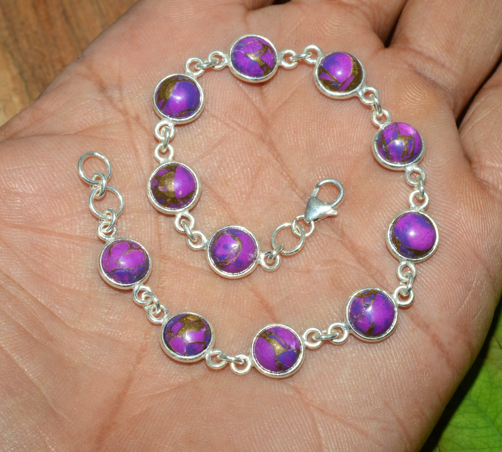 925 SOLID STERLING SILVER PURPLE TURQUOISE HANDMADE BRACELET-7.6 INCH