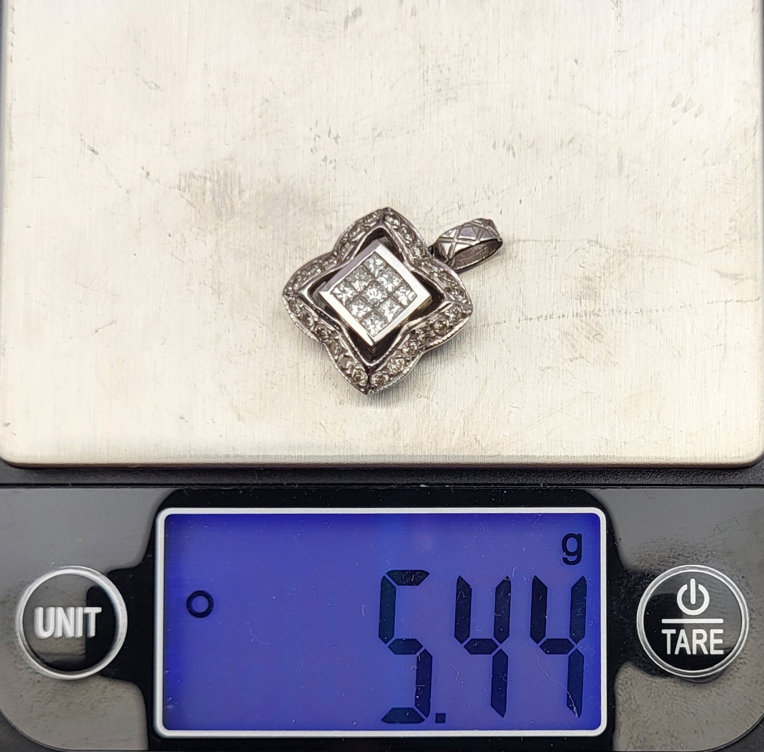 Heavy! 18K White Gold Square Princess Cut Diamond Pendant Charm Signed H.O.B.