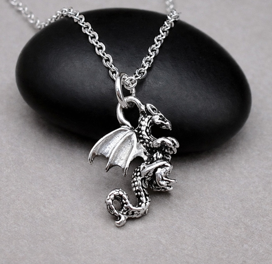 Silver Dragon Necklace – 3D Flying Serpent Charm Pendant – Magical Fantasy Gift