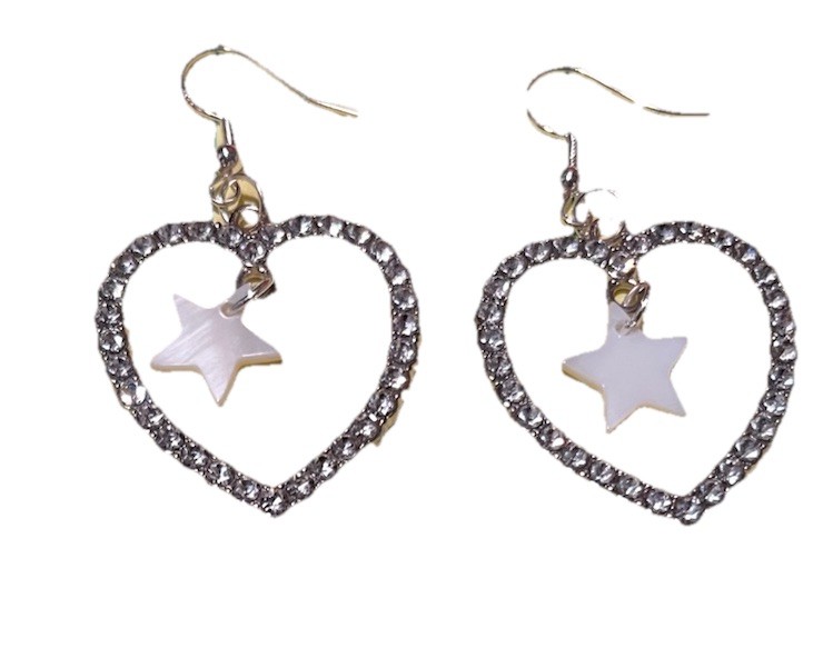 Antique Silver Open Heart Charm w/Crystals & Mother of Pearl Star Earrings NEW