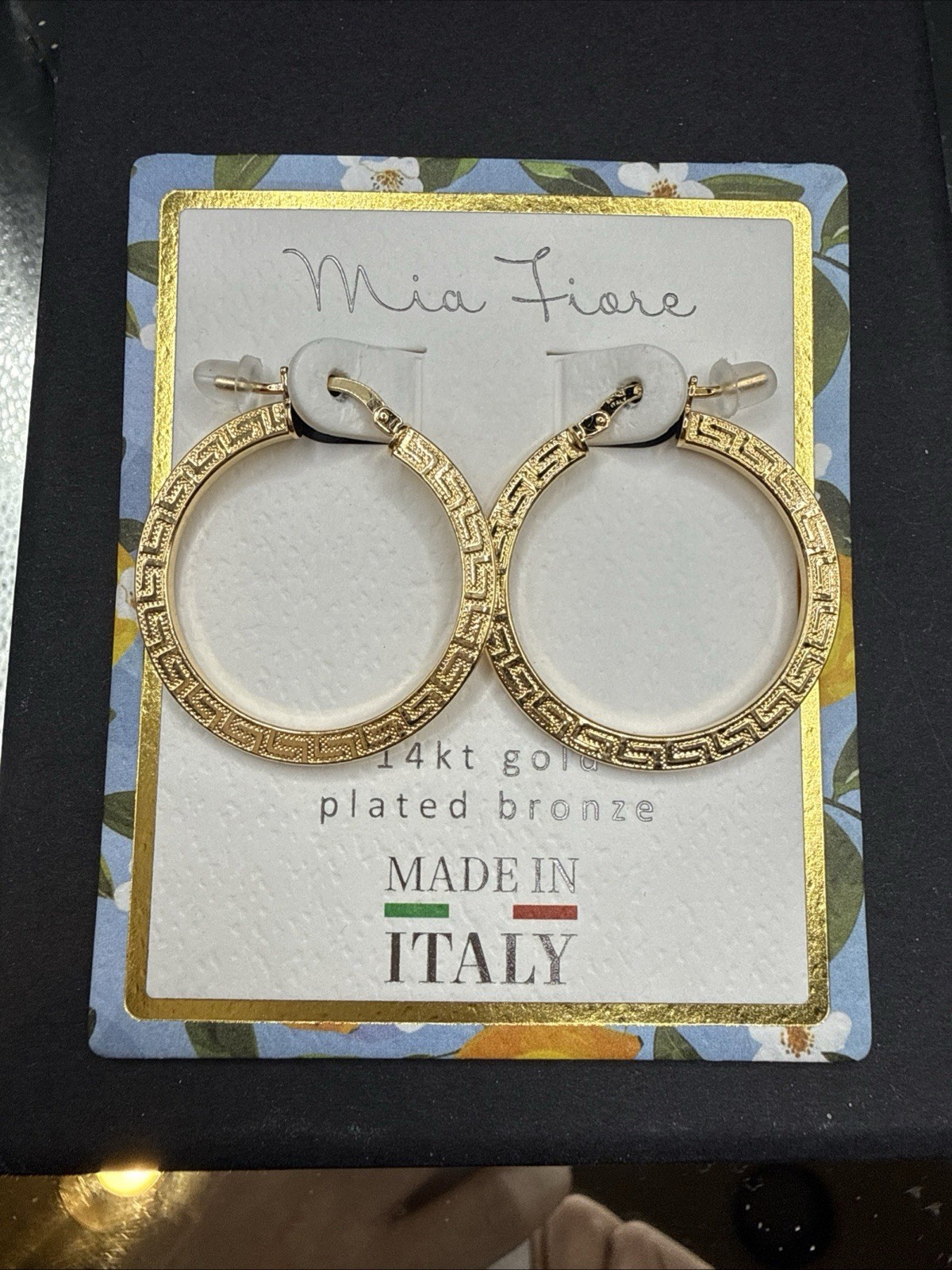 New Mia Fiore 14KT Gold Plated Bronze Greek Key Hoop Earrings Made In Italy