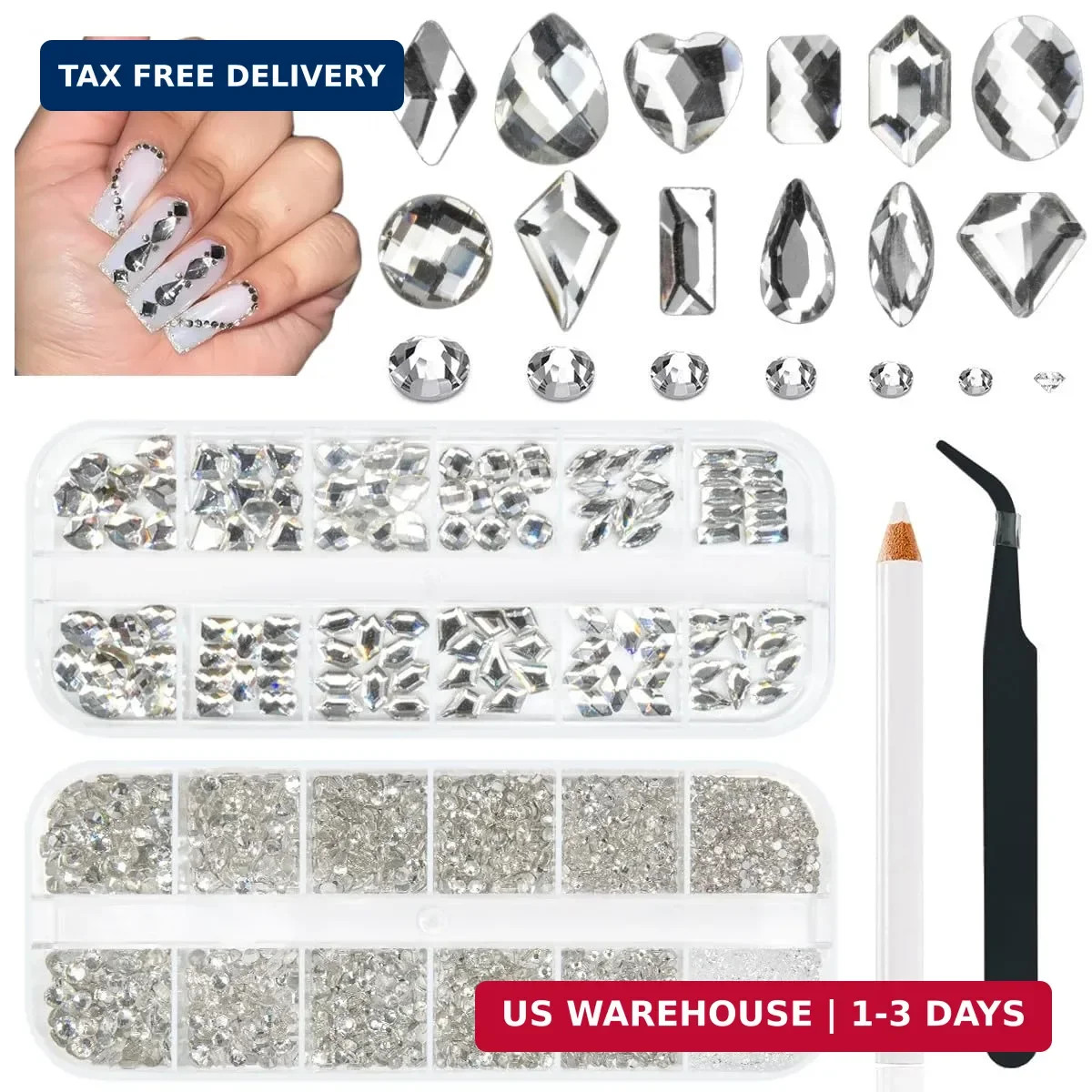qiipii 4080Pcs Silver Clear Nail Rhinestones Crystal White Stones More Quantity