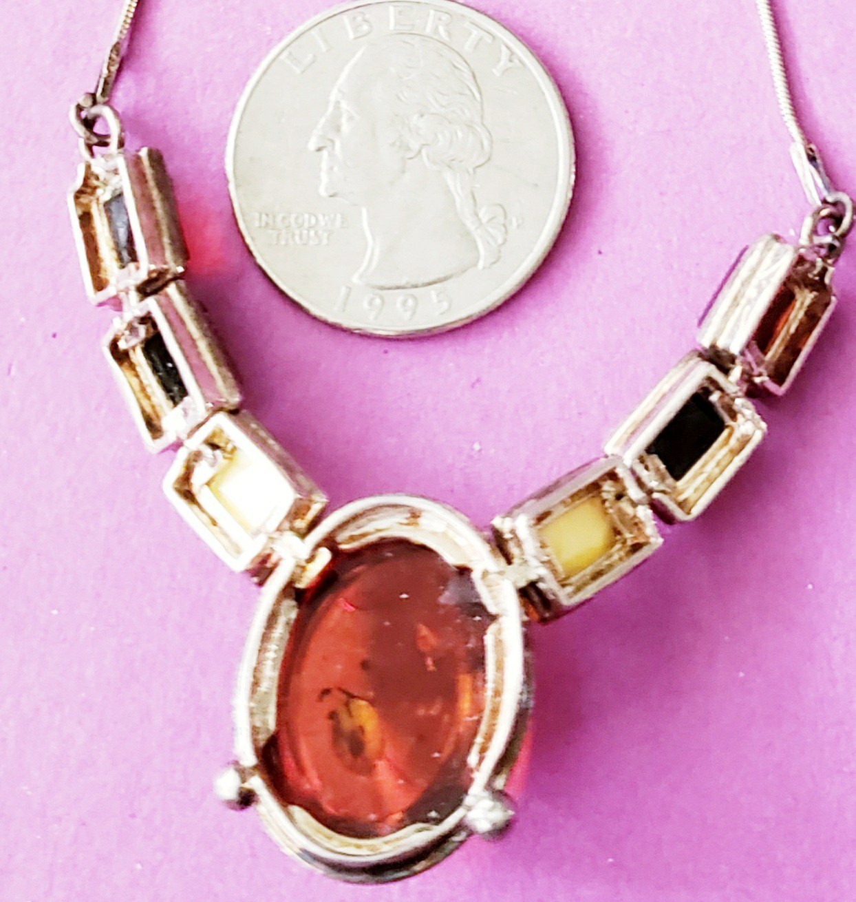 Vintage Baltic Amber Y Drop Necklace 925 Sterling Silver with other stones FAB!