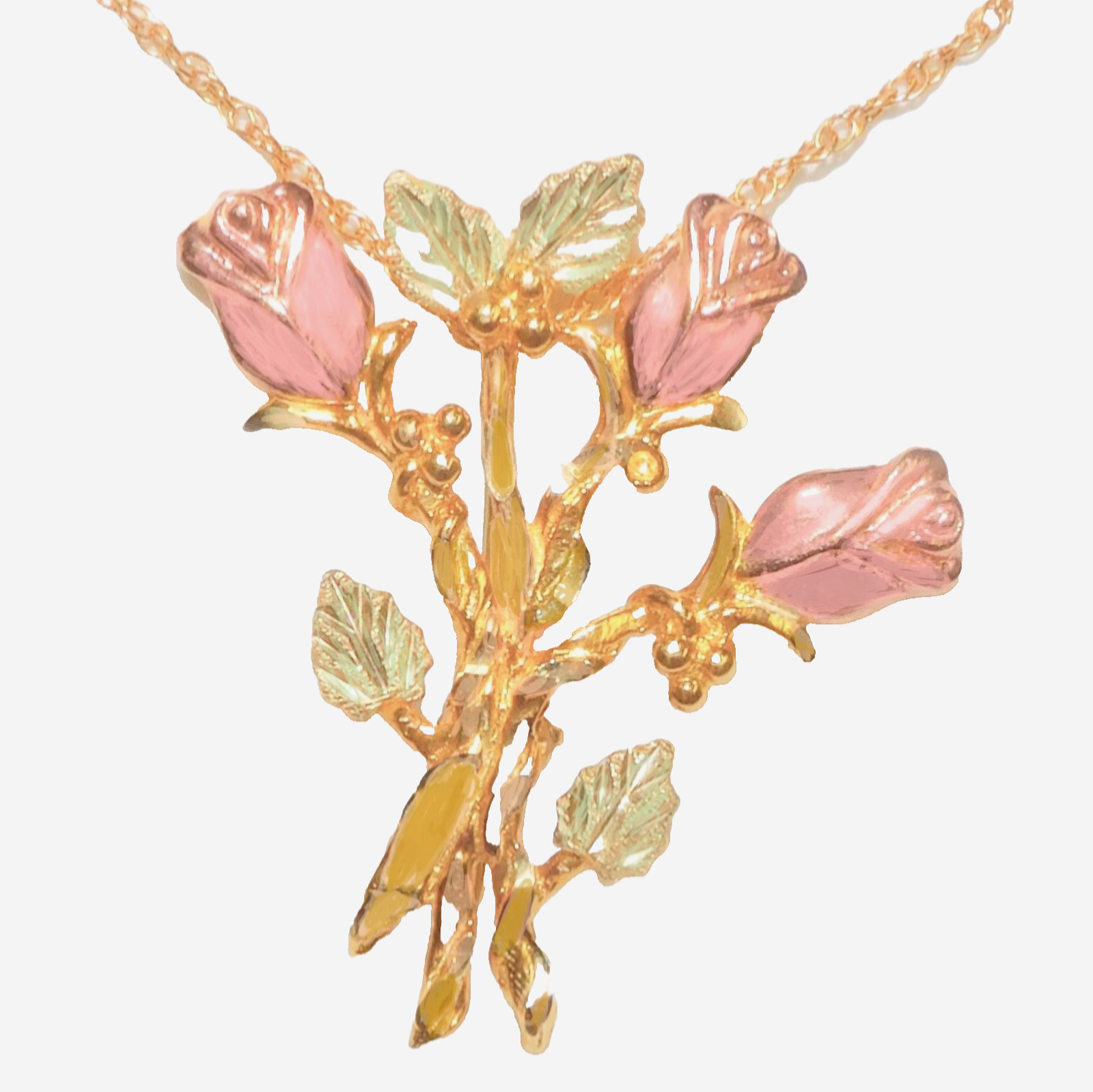 Black Hills Gold 10k Large Rose Bud Pendant Brooch Necklace