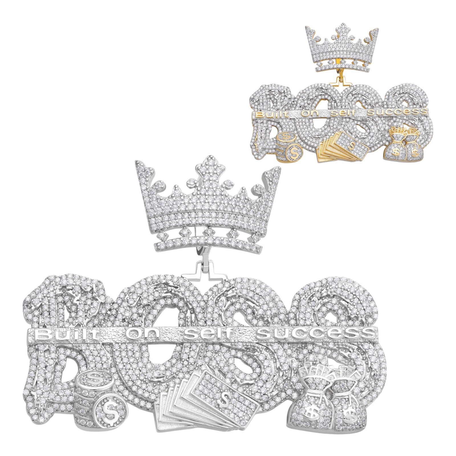 MOISSANITE BOSS & Crown “Built On Self Success” Iced Hip Hop Necklace Pendant