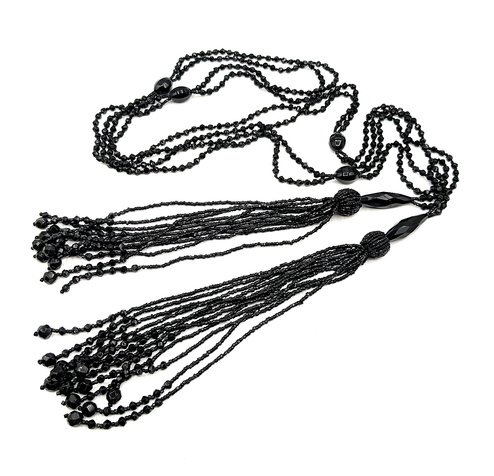 Antique Art Deco French Jet Black Glass Sautoir Open End Tassel Flapper Necklace