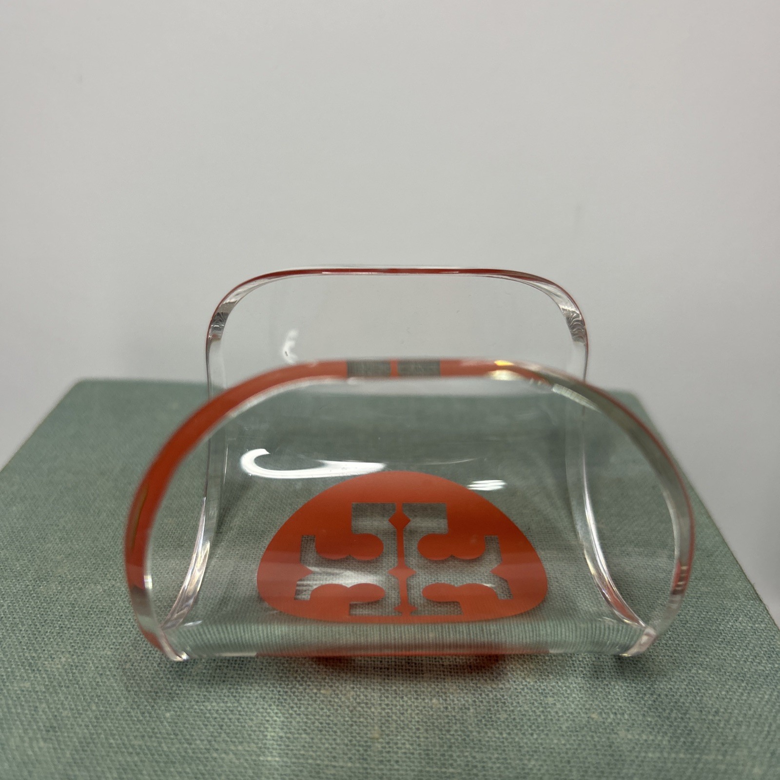 TORY BURCH White Clear Lucite Orange Logo Wide Cuff Bracelet