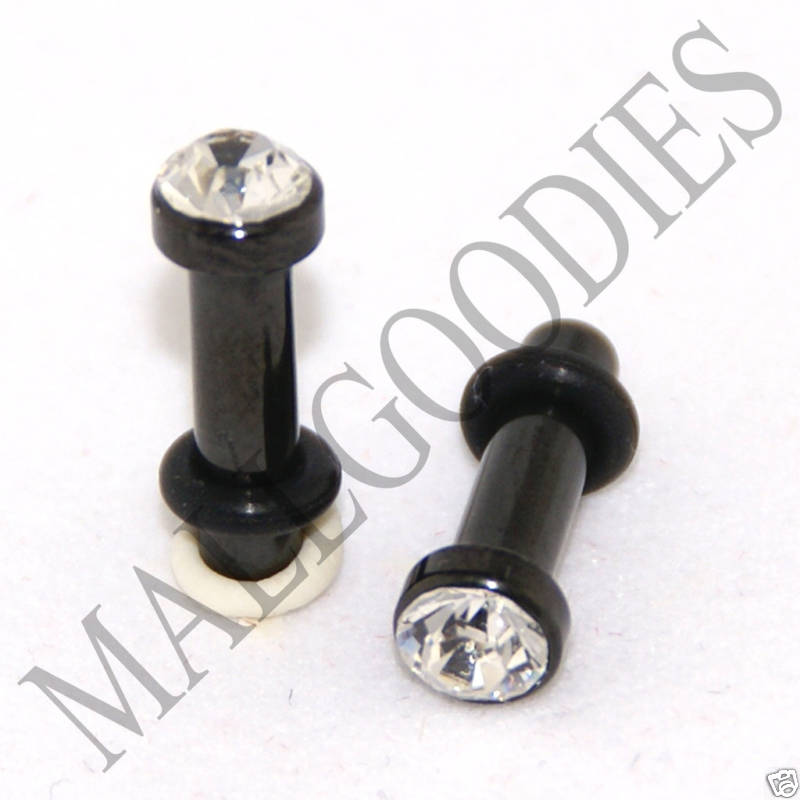0315 Black Solid Clear Faceted Crystal Gem Retainer Ear Plugs 8 Gauge 8G 3.2mm