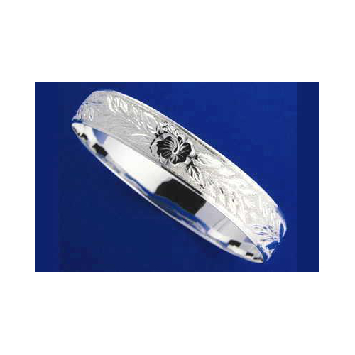 SILVER 925 HAWAIIAN BANGLE BRACELET HIBISCUS FLOWER MAILE LEAF 10MM