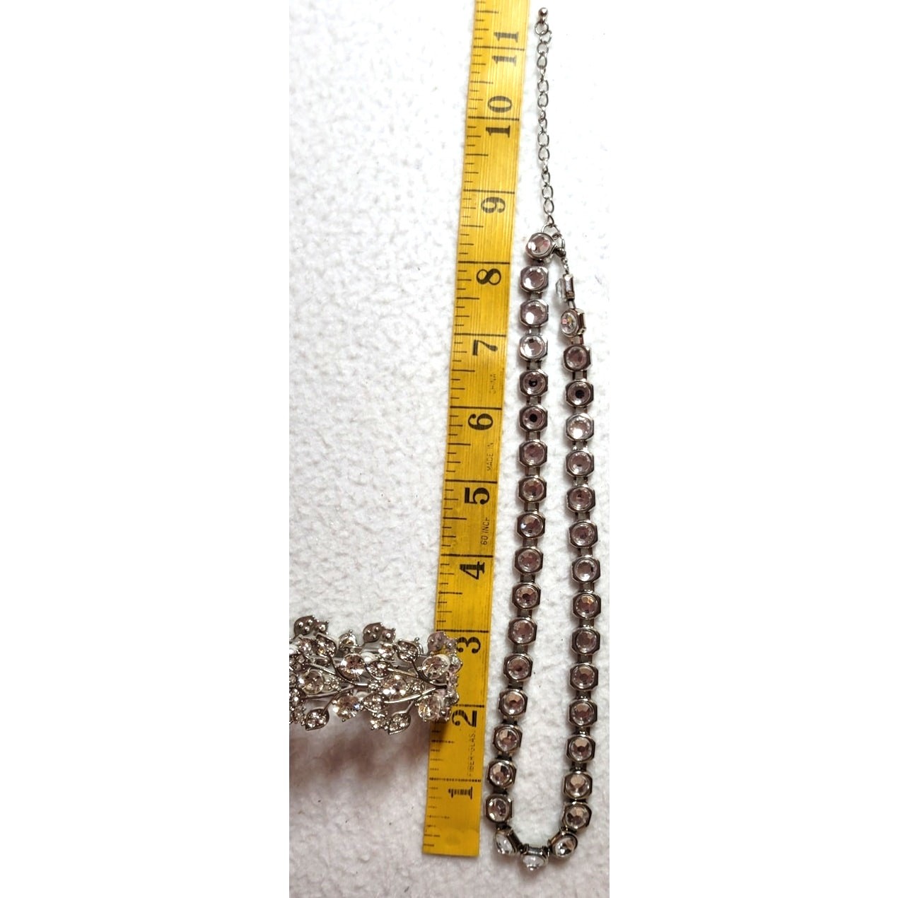 Clear Crystal Rhinestone Tennis Station Necklace Stretch Bracelet Lot Silvertone