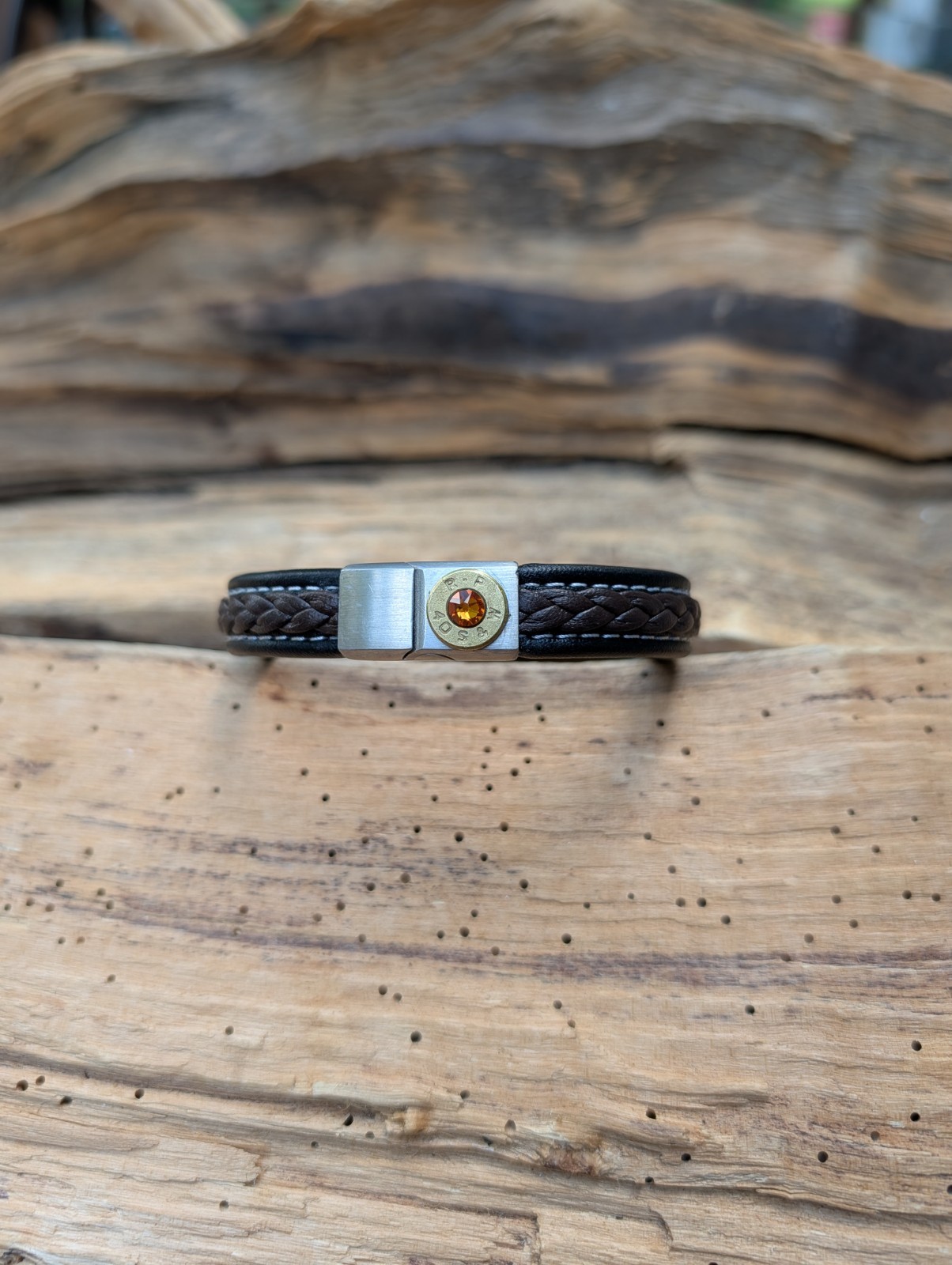 Black and Brown Braided Leather Bullet Bracelet with a 9, 38,40 or 357 Bullet.