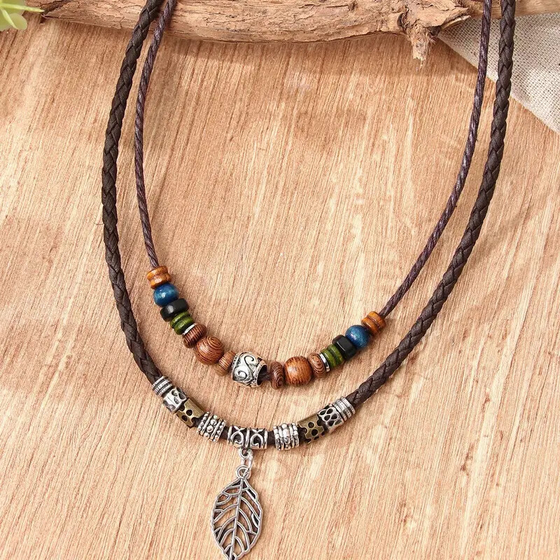 New PU Leather Leaf Wooden Bead Necklace Party Ornament Jewelry Gift Men Women