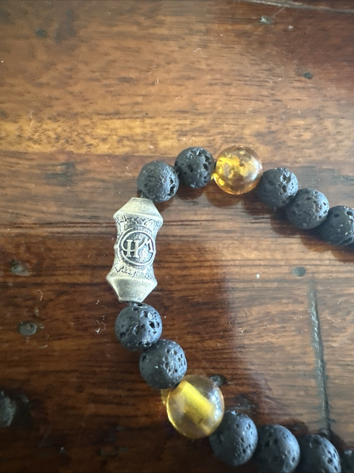 William Henry XL Baltic Amber & Lava Rock Beaded Bracelet, Sterling Silver