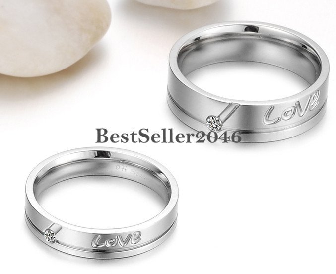 Silver Stainless Steel ” Love ” Engraved Promise Ring Engagement Wedding Band