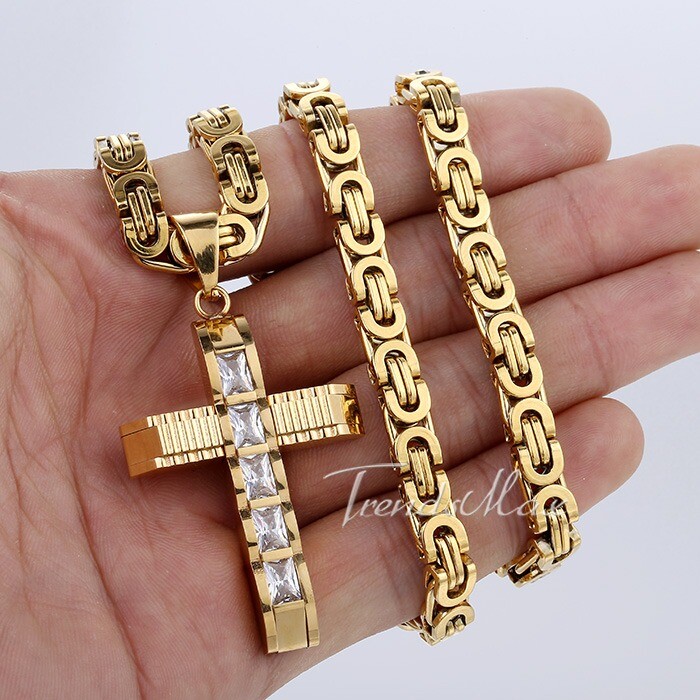 18-30“ Stainless Steel CZ Rhinestone Cross Pendant Necklace Flat Byzantine Chain