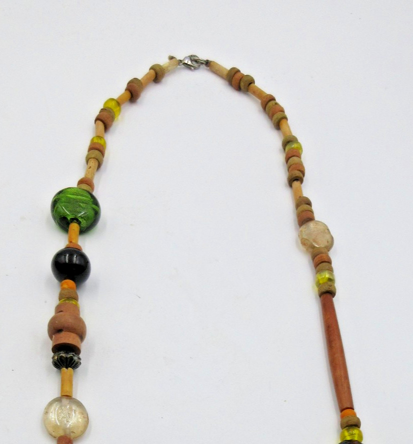 VTG UNUSUAL 33″ long green blue brown silver tone bead strand wood Necklace