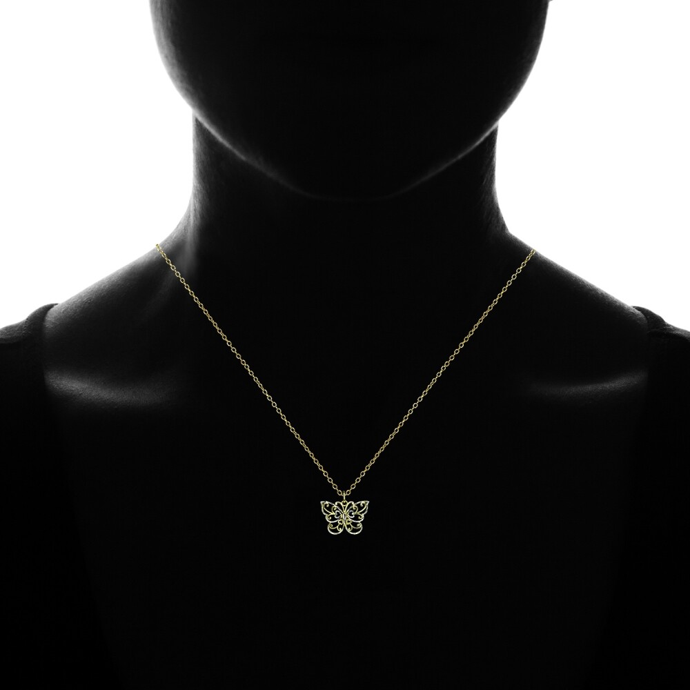 Gold Tone over Two-Tone Polished Diamond-cut Filigree Butterfly Pendant Necklace