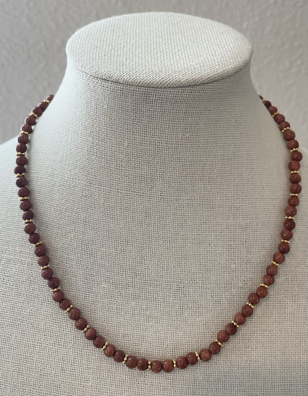 Natural Sandstone (GoldStone) Beaded Gold Tone Necklace Handmade