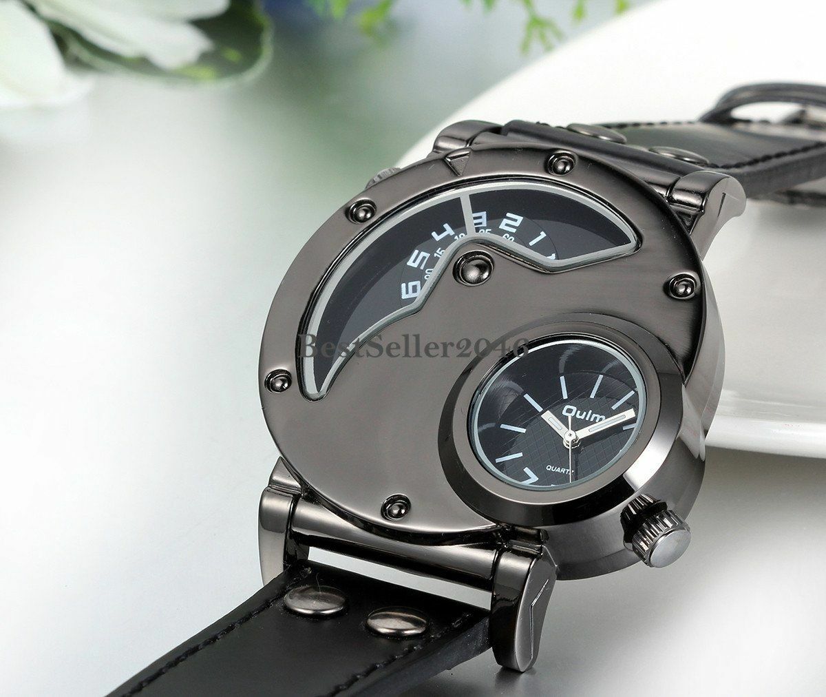 Luxury Mens Watch Big Dial Dual Time Zone Leather Band Analog Quartz Wrist Watch