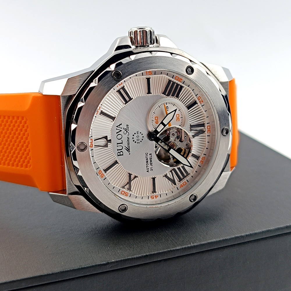 Bulova Marine Star 98A226 Silver Dial Orange Rubber Strap Automatic Men’s Watch