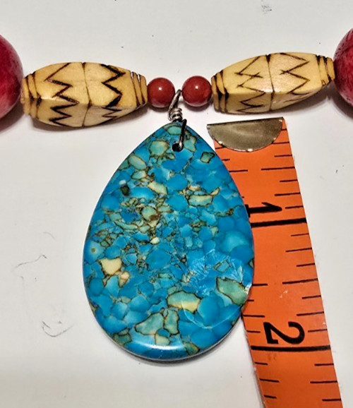 Artisan Handmade Turquoise Pendant Necklace Coral Wood Tribal Boho Southwest