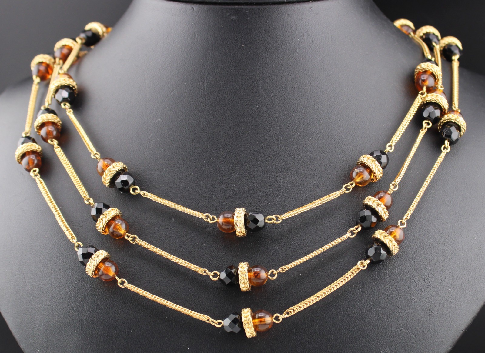 Vintage Signd Monet Black Amber Glass Beads Gold Tone Layered Waterfall Necklace