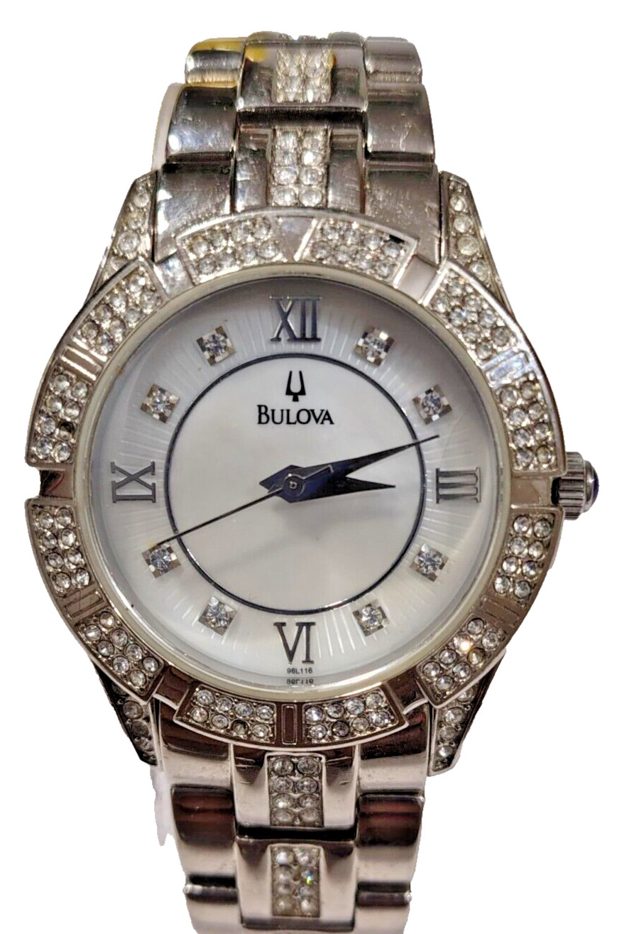 96L116 BULOVA WHITE DIAL CYSTAL ACCENT WATCH FOR LADIES RBR-4